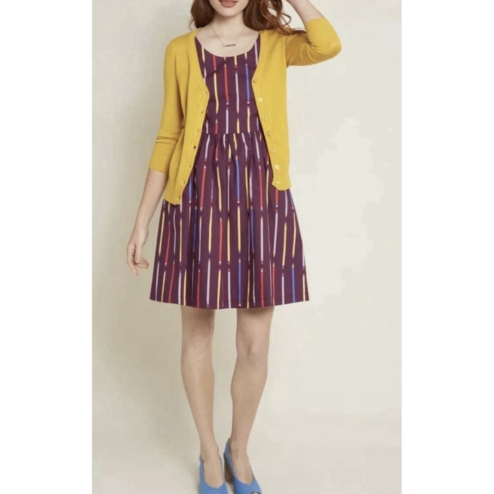 ModCloth Sleeveless Optimistic Effect Fit n Flare Dress Large Purple Pencil Art
